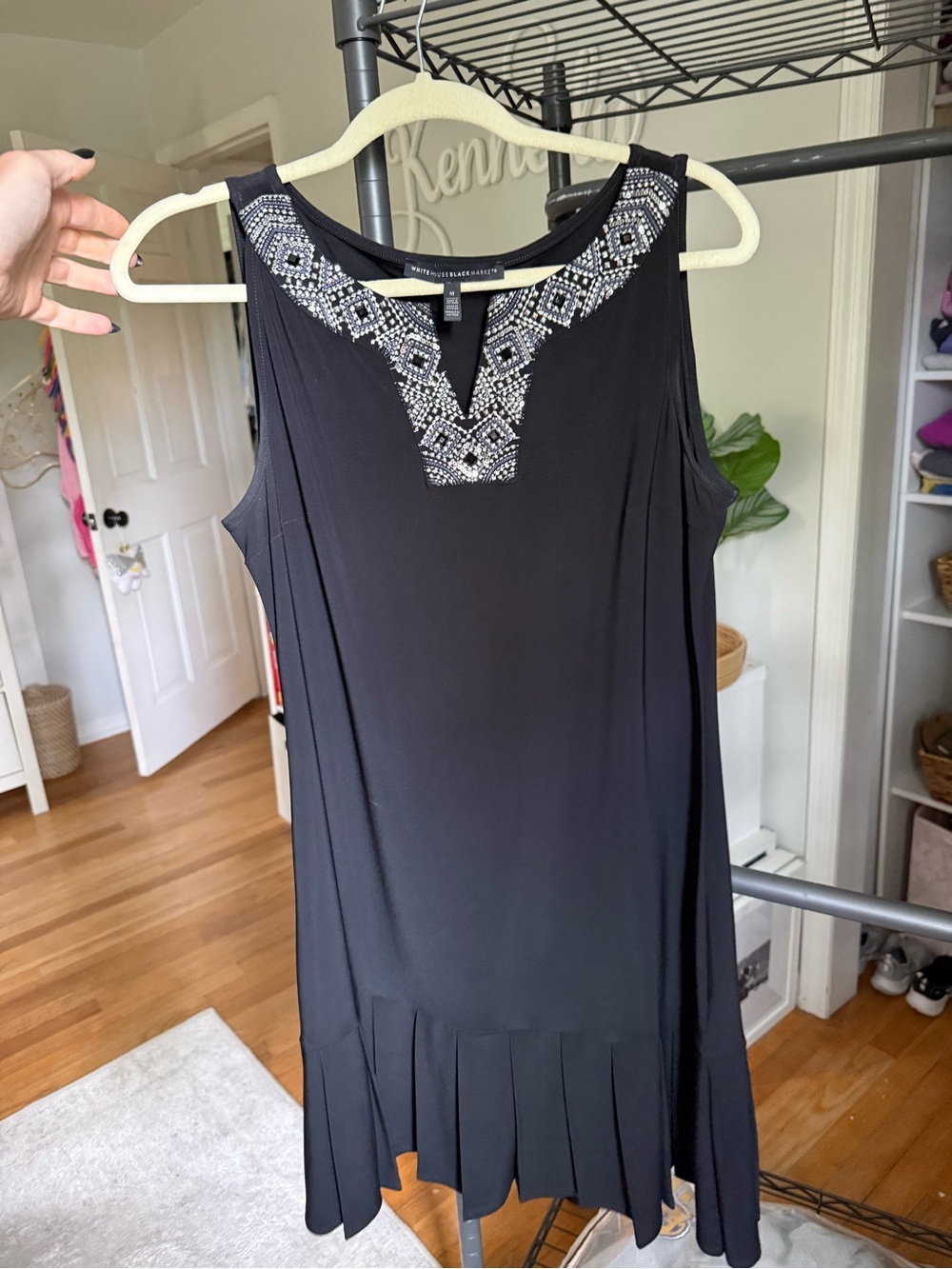 White House Black Market Black Sleeveless Dress with Silver Beaded Neckline